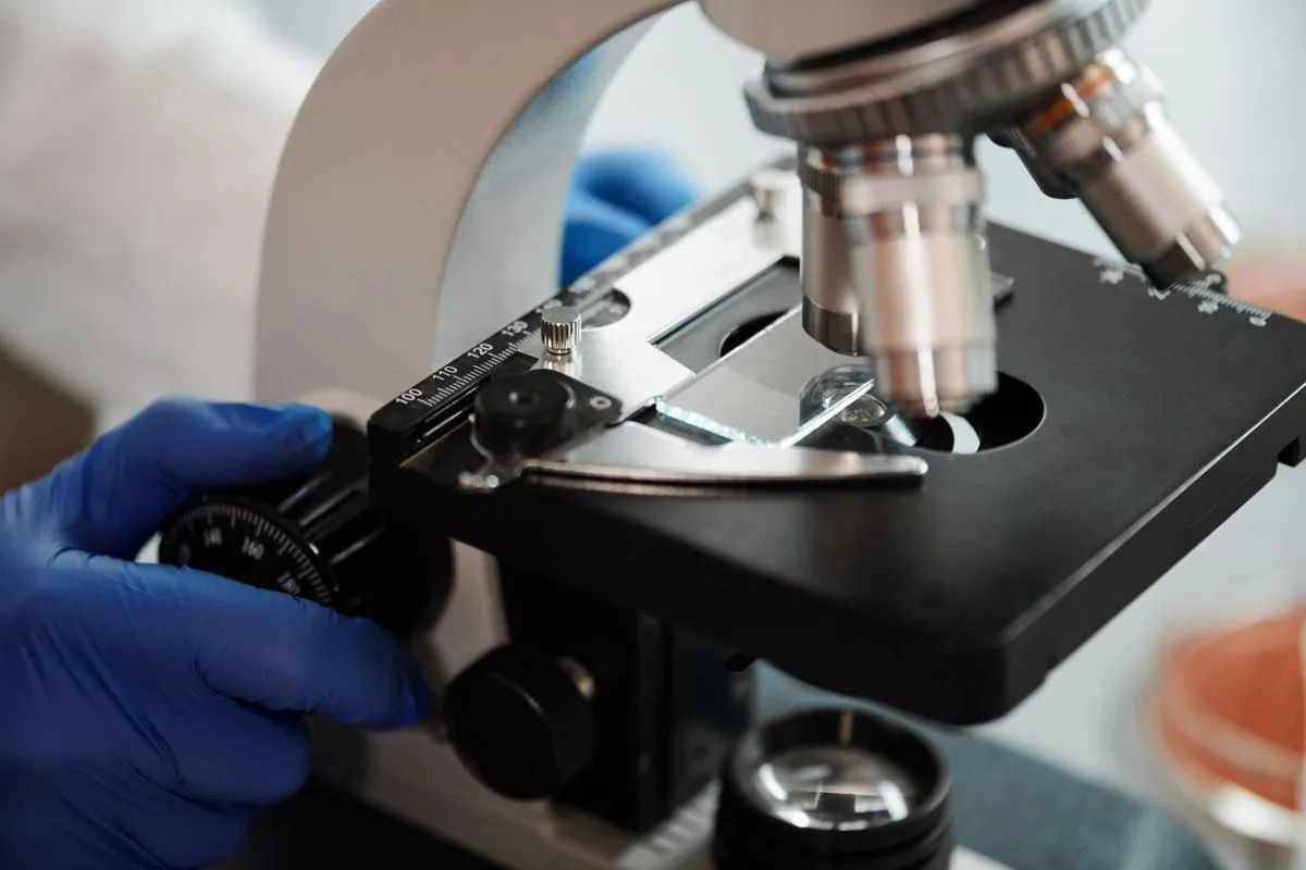 Gloved hand adjusting a laboratory microscope